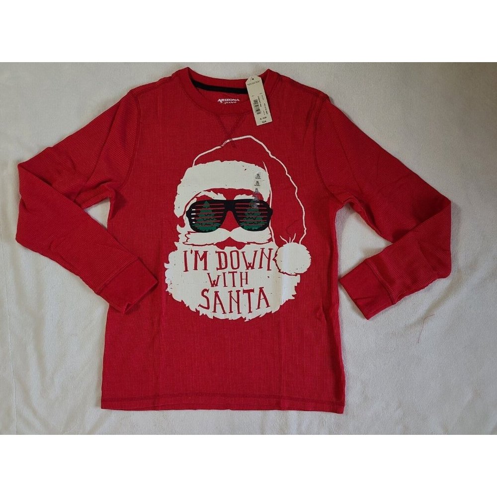 NWT Boys Arizona Thermal Long Sleeve Shirt Christmas Red "Down w Santa" XL 18/20